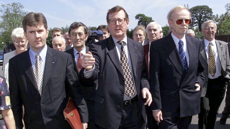 Jeffrey Donaldson, David Trimble (centre) and Reg Empey in 1999. Picture by Stephen Davison/Pacemaker