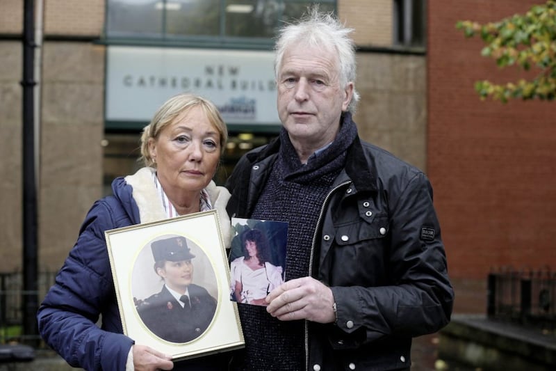 Colleen McMurray&#39;s sister Marion Russell and her widower Philip McMurray outside the Police Ombudsman&#39;s Office yesterday.Picture by Hugh Russell. 