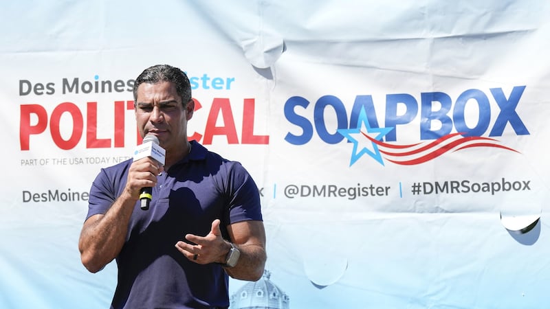 Miami Mayor Francis Suarez speaks during The Des Moines Register Political Soapbox at the Iowa State Fair on August 11 (Charlie Neibergall/AP/PA)