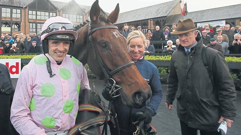 Djakadam&rsquo;s jockey Ruby Walsh and trainer Willie Mullins in the parade ring after their win in The John Durkan Memorial Punchestown Steeplechase at Punchestown in December. Connections of the Cheltenham Gold Cup runner-up say he is improving ahead of his run at the Gloucestershire course today&nbsp;