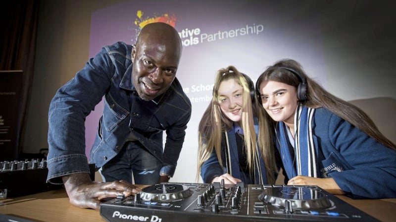 DJ Kwame Daniels from Bounce Culture with Katie Jones and Jodie McCune from Ashfields Girls School 