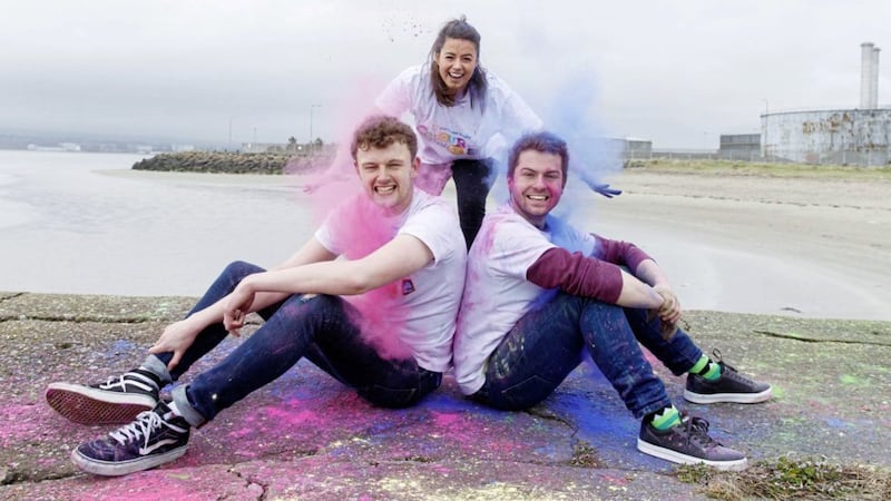 PJ Gallagher, who plays exasperated headmaster Brian in the RT&Eacute; show &#39;Young Offenders&#39;, was joined by Chris Walley (left) and Alex Murphy, teenage terrors Jock and Conor to launch Colour Dash 2018. Picture by Andres Poveda 