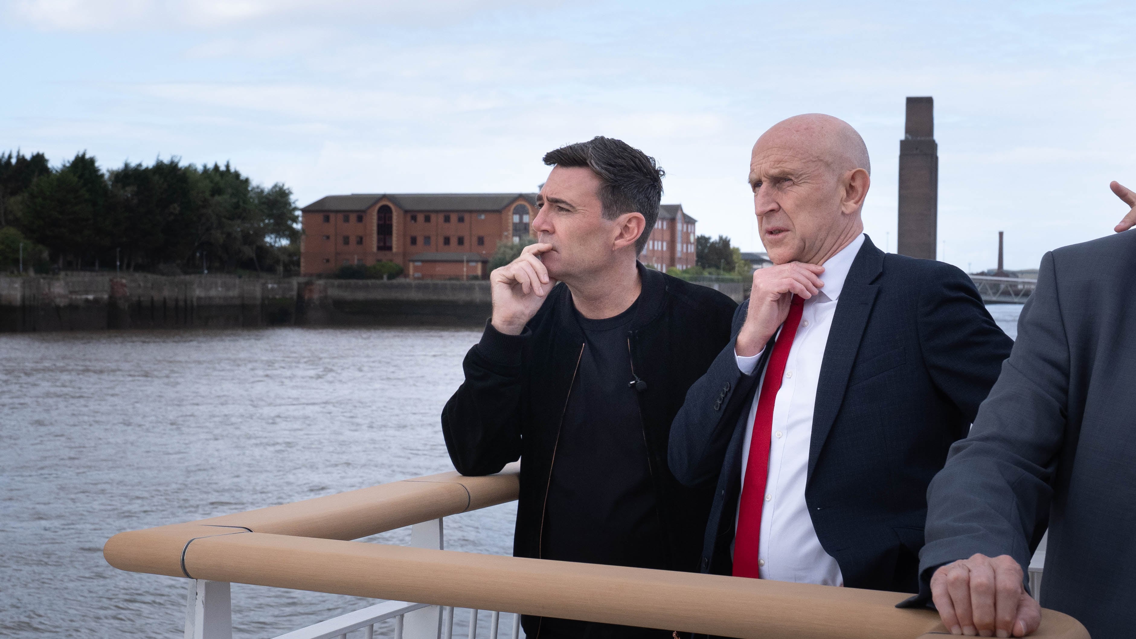 Prime Minister Andy Burnham and Chancellor of the Exchequer, John Healey on board the new Royal Daffodil Ferry, the first new Mersey Ferry for more than 60 years, ahead of the Labour Party conference in Liverpool
