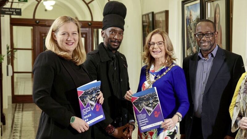 Belfast Mayor Tina Black with Dr Lucy Michael, Donald Takura Makoni, Dr Livingstone Thompson and Barbara Snowarska at the launch of a report into inequalities experienced by Belfast&rsquo;s black, Asian and minority ethnic and Traveller communities 