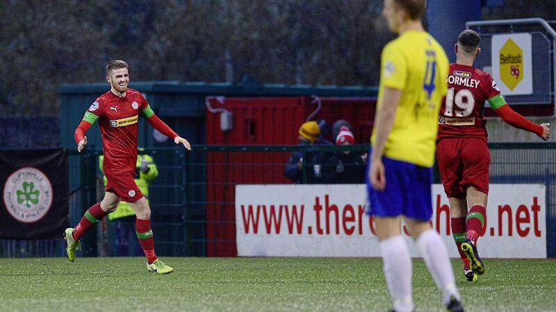 Cliftonville&#39;s Ruaidhr&iacute; Donnelly celebrates his winner with Joe Gormley at Solitude on Saturday Picture by Arthur Allison/Pacemaker 