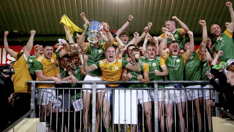 Dungannon Clarke's celebrate with the O'Neill Cup at Healy Park.<br /> Picture Seamus Loughran