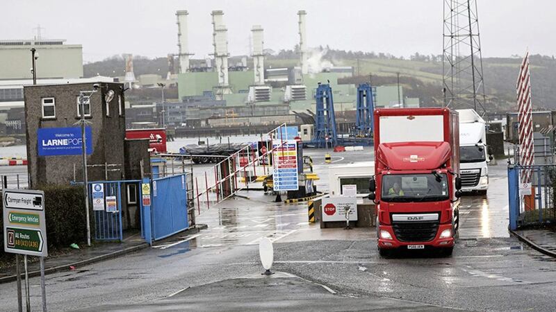 Vehicles leave the port of Larne after arriving from Scotland 