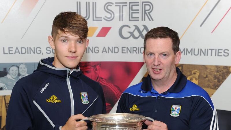 UP FOR GRABS: Cavan manager John Brady and captain Paddy Meade pictured with the Fr Murray Cup ahead of Sunday&rsquo;s Ulster MFC decider <br />&nbsp;