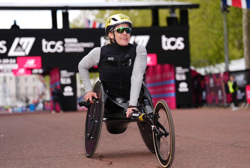 Catherine Debrunner after winning the women’s wheelchair race during the TCS London Marathon