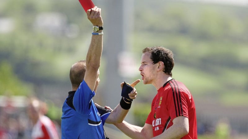 The red card for Down&#39;s Conaill McGovern against Derry in the 2015 Ulster SFc was a pivotal moment for the Mournemen. Picture Margaret McLaughlin. 