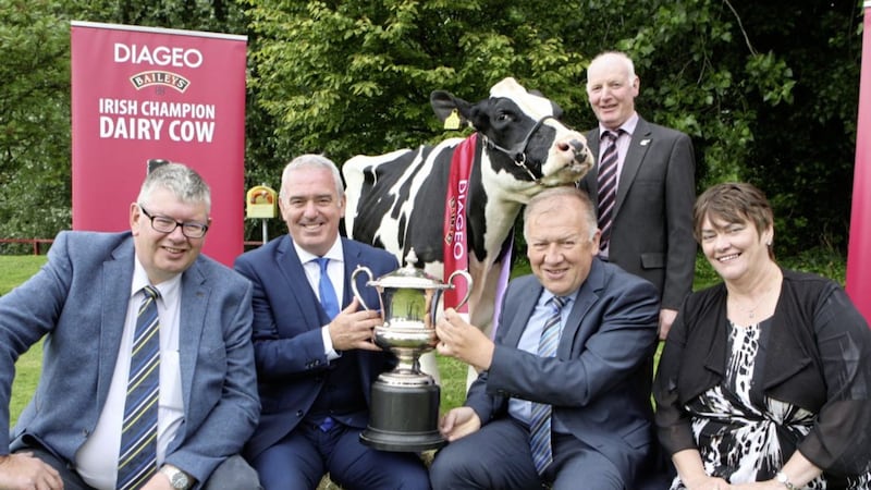Pictured at the launch of the 2017 Diageo Baileys champion cow competition which takes place at the Virginia Show on August 23 are from left: John Martin, secretary Holstein NI; Robert Murphy, head of Baileys operations Diageo Baileys Global Supply; Martin Tynan, general manager Glanbia Ireland Virginia; Patrick Gaynor, president Virginia Show; and Mary Gaynor, secretary Virginia Show 