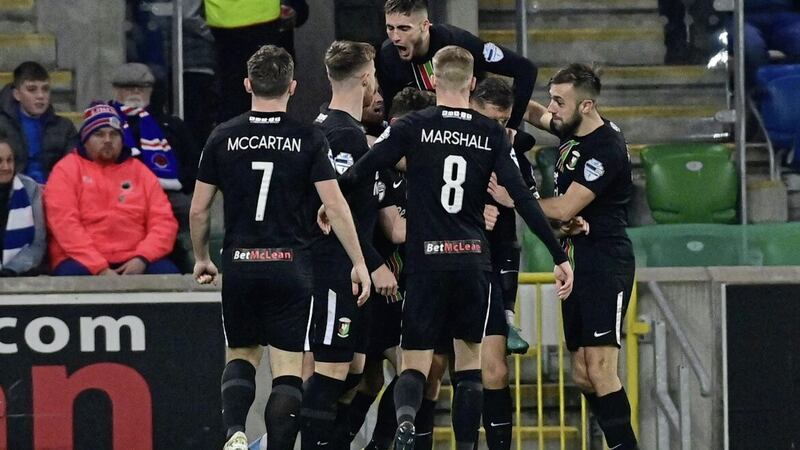 Glentoran players celebrate their 3-0 win over Linfield in the Danske Bank Premiership in October. The result may have acted as a catalyst for the Blues to kickstart their title defence after a slow start to the season 