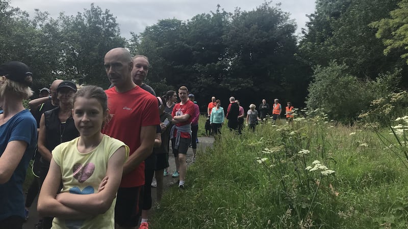 <b>UNDER STARTER&rsquo;S ORDERS:</b> Runners, joggers and walkers get ready to make their way up what was the site of a volanco millennia ago at the Colin Glen 5k Parkrun on Saturday