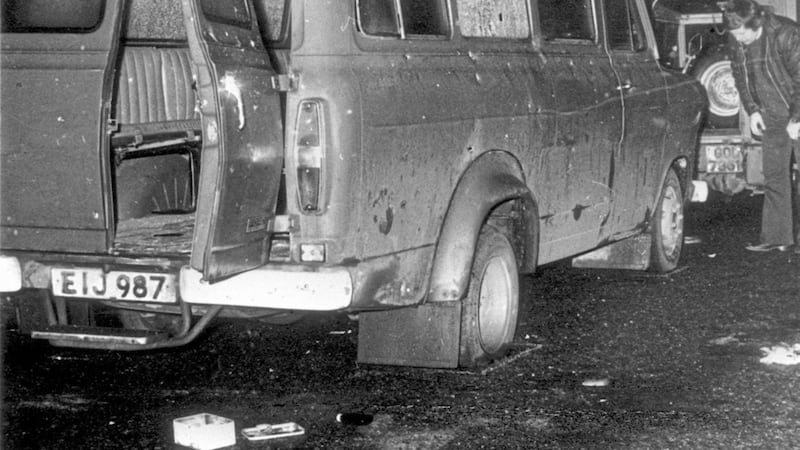 The bullet riddled minibus in South Armagh where 10 protestant workmen were shot dead by the IRA. Picture by Press Association 