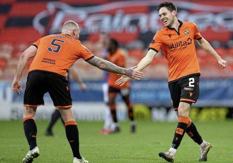 Dundee United&#39;s Liam Smith (right) celebrates scoring his side&#39;s first goal of the game with Mark Connolly during the Scottish Premiership match against Rangers at Tannadice Park, Dundee on Sunday December 13, 2020. Picture by Willie Vass/Pool/PA Wire. 