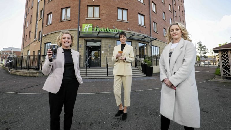 Claire Hutchinson (left), corporate relations manager at Diageo NI, with Sharon Thorpe from the Springboard Charity and Nicola O&rsquo;Hare, Guinness Learning for Life programme participant. Picture: Matt Mackey/Press Eye  