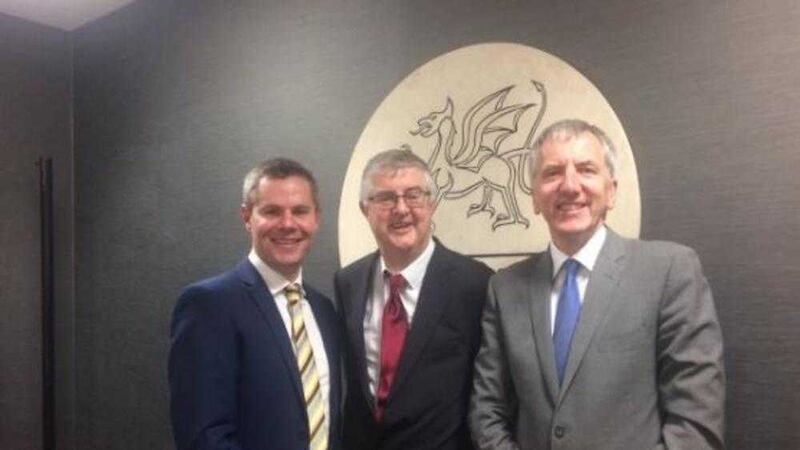 Scottish finance secretary Derek Mackay and Welsh finance secretary Mark Drakeford with the north&#39;s finance minister M&aacute;irt&iacute;n &Oacute; Muilleoir 
