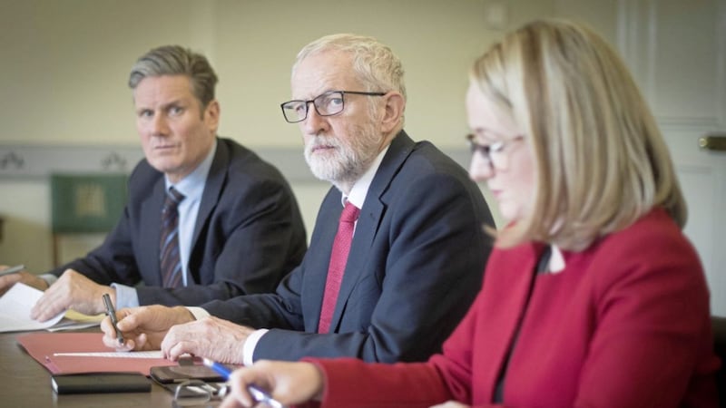 Labour leader Jeremy Corbyn (centre), shadow Brexit secretary Keir Starmer and shadow business secretary Rebecca Long-Bailey preparing for yesterday&#39;s meeting with Theresa May. Picture by Stefan Rousseau/PA Wire 
