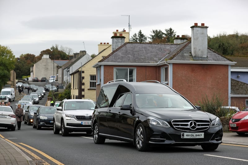 The hearse carrying Jessica Gallagher, 24, arrives at St Michael's Church, Creeslough, for her funeral mass