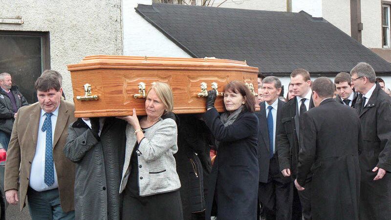 The remains of Co Derry blacksmith Barney Devlin (96) are carried by family and friends to Requiem Mass at St John's Chapel, Milltown&nbsp;