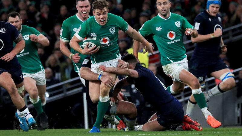 Ireland's Garry Ringrose with Adam Hastings of Scotland during the Guinness Six Nations match at the Aviva Stadium, Dublin on Saturday February 1, 2020. Picture by Donall Farmer/PA Wire.&nbsp;