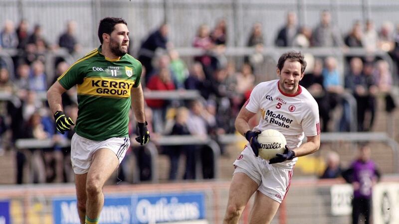 Tyrone&#39;s Ronan McNabb in action against Kerry at Healy Park, Omagh 