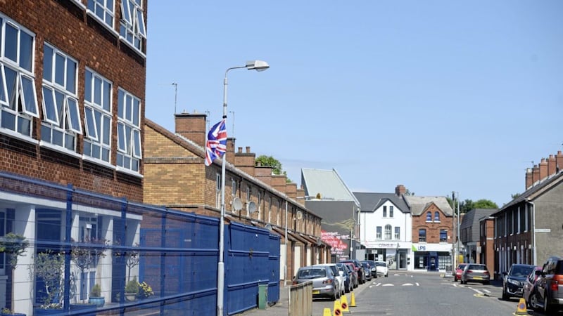 A union flag on a lamppost outside St Joseph&#39;s Primary School on Holland Drive, east Belfast 