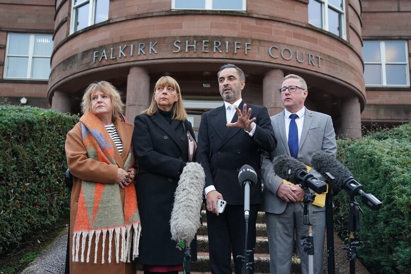 Aamer Anwar, second right with, left, Deborah Coles, of bereavement charity Inquest and Linda and Stuart Allan, the parents of Katie Allan, outside Falkirk Sheriff Court