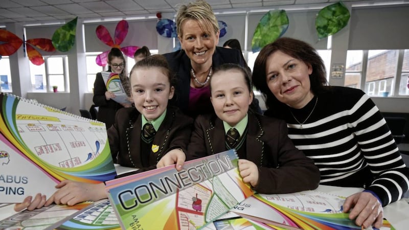 St Louise&#39;s principal Mary McHenry, Amazing Brains Founder Roisin McFeeley and year 8 pupils Molly and Clodagh. 