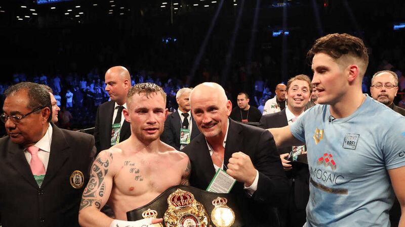 Carl Frampton, Barry McGuigan and Shane McGuigan after Frampton defeated Leo Santa Cruz in last Saturday night's WBA featherweight title contest in the Barclays Centre, New York<br />Picture by Press Eye&nbsp;