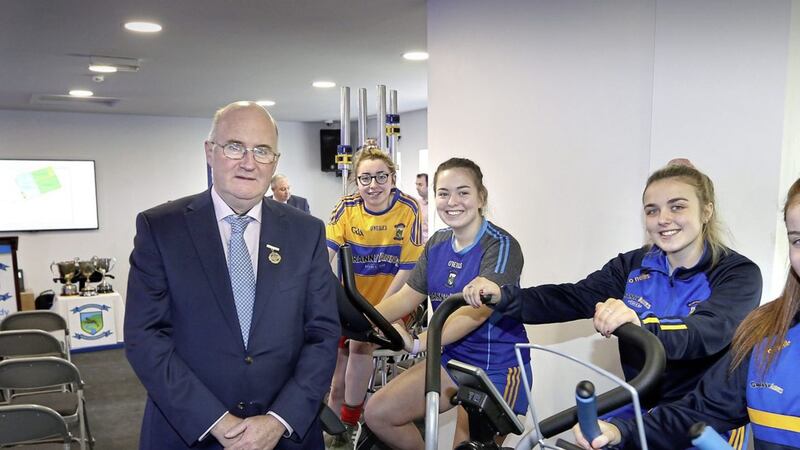 GAA president John Horan at the Limavady Wolfhounds GAC yesterday where he officially opened the new gym facilities at the Derry club; pictured with young club members.<br /> Picture: Margaret McLaughlin