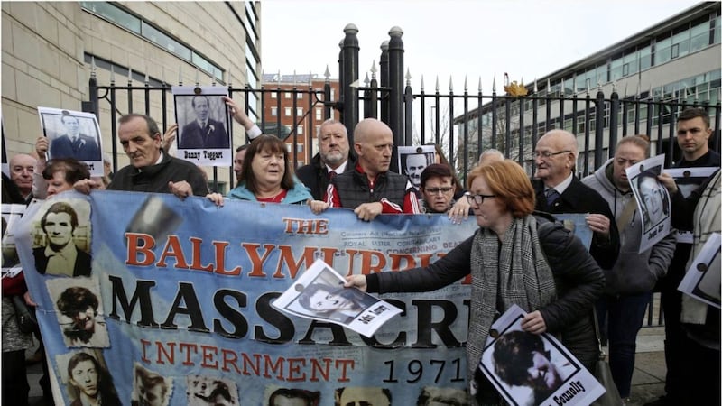 Families of those killed at Ballymurphy in 1971 make their way to court in Belfast on Monday for the first day of the inquest.&nbsp;Picture by Hugh Russell