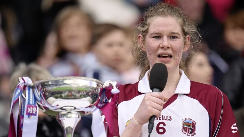 Slaughtneil captain Aoife N&iacute; Chaiside makes a speech following her side&#39;s victory during the AIB All-Ireland Senior Camogie Club Championship Final game between Sarsfields and Slaughtneil at Croke Park on Sunday Picture by Sportsfile 