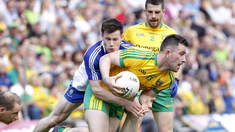 Monaghan's Karl O'Connell gets touch tight to Donegal sharpshooter Paddy McBrearty in the Ulster SFC final at St Tiernach's Park