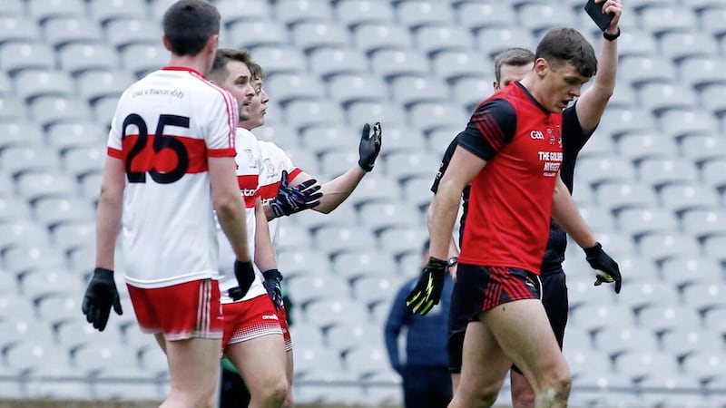 Kerry superstar David Clifford of Fossa was one of six players sent off, four from Tyrone team Stewartstown Harps, in the AIB All-Ireland Club JFC Final Croke Park. Pic Philip Walsh 