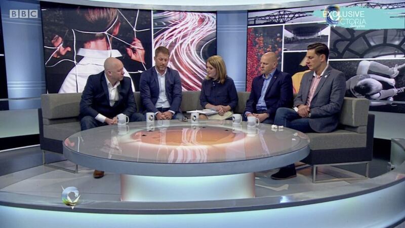 From left Jason Dunford, Steve Walters, presenter Victoria Derbyshire, Chris Unsworth and Andy Woodward speaking to BBC&#39;s Victoria Derbyshire programme. They allege they were victims of Barry Bennell, a former coach who sexually abused young boys across three decades from the 1970s onward. Picture by BBC News, Press Association 