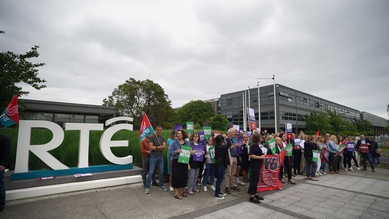 Members of staff from RTE took part in a protest at the broadcaster’s headquarters in Donnybrook, Dublin (Niall Carson/PA)
