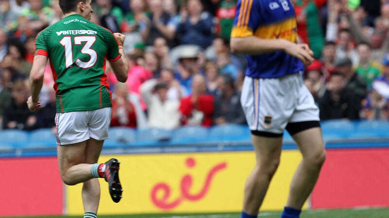Mayo forward Jason Doherty wheels away after scoring a goal during last Sunday&rsquo;s All-Ireland SFC semi-final win over Tipperary at Croke Park. The victory secured the county a final berth for the third time in five seasons <br />Picture by Philip Walsh&nbsp;