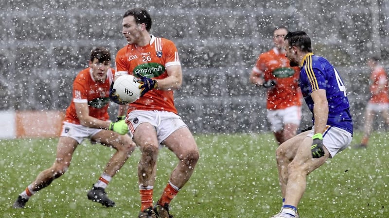 Armagh&rsquo;s Brendan Donaghy takes possession during yesterday&rsquo;s one-point victory over Longford in the Allianz Football League Division Three clash at the Athletic Grounds Picture by Philip Walsh 