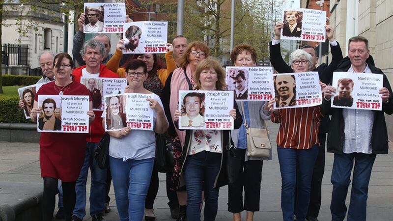 The Families of Ballymurphy victims outside court in Belfast today. Picture by Hugh Russell&nbsp;