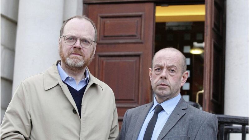 Journalists Trevor Birney and Barry McCaffrey at the High Court in Belfast. Picture by Hugh Russell 