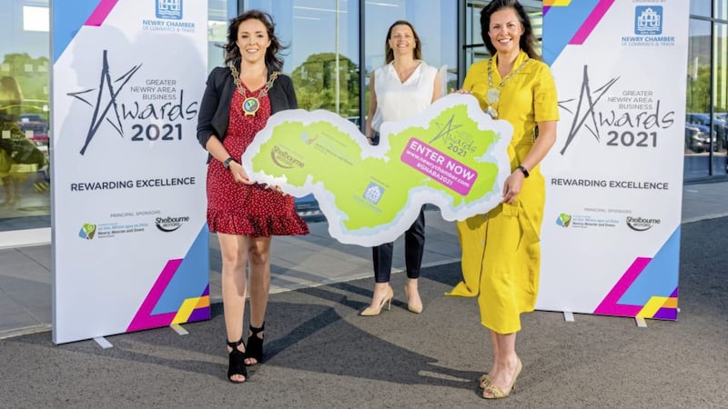 Launching the Greater Newry Area Business Awards due to take place on September 9 are (from left) Newry, Mourne and Down District Council chair Cathy Mason; Caroline Willis, financial director at awards headline sponsor Shelbourne Motors; and Newry Chamber president Emma Mullen-Marmion 