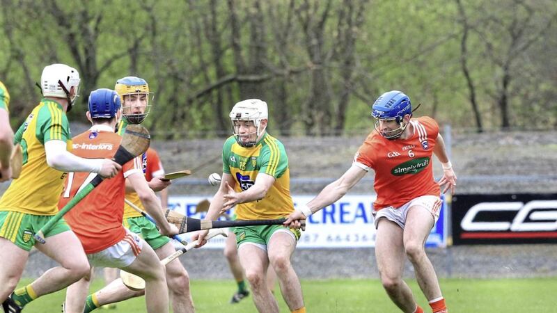 Donegal&#39;s Declan Coulter with Paul Gaffney of Armagh during a Nicky Rackard Cup match played at O&#39;Donnell Park, Letterkenny 