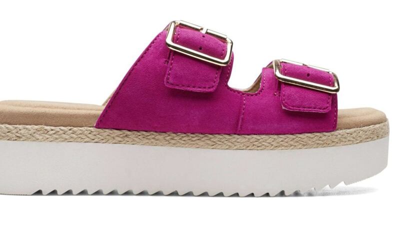 Clarks Flatform Double Buckle Hot Pink Suede Sandals, &pound;59, available from Freemans 