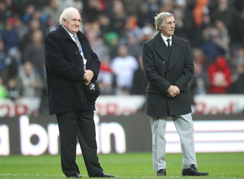 Tottenham double winners Terry Medwin (left) and Cliff Jones pictured before a Premier League game between Swansea and Spurs in 2011