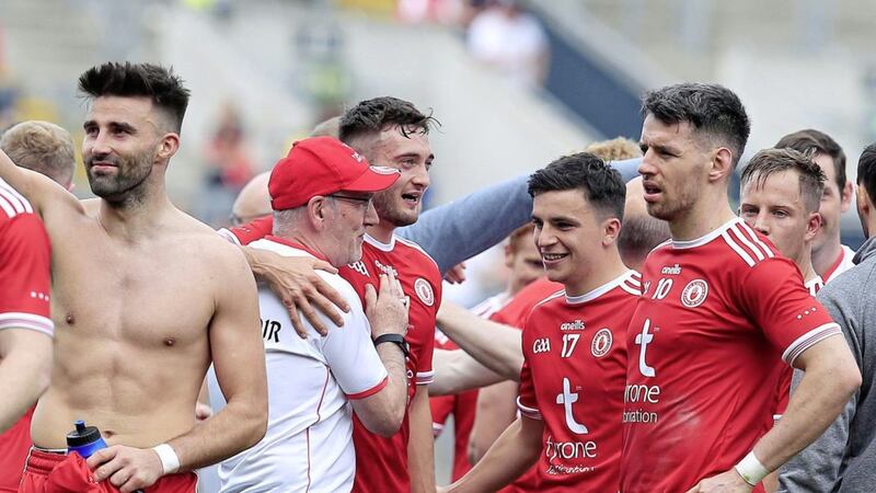 Tyrone boss Mickey Harte celebrates with his players after their All-Ireland Senior Football Championship semi-final victory over Monaghan on August 12 2018. Picture: Philip Walsh. 