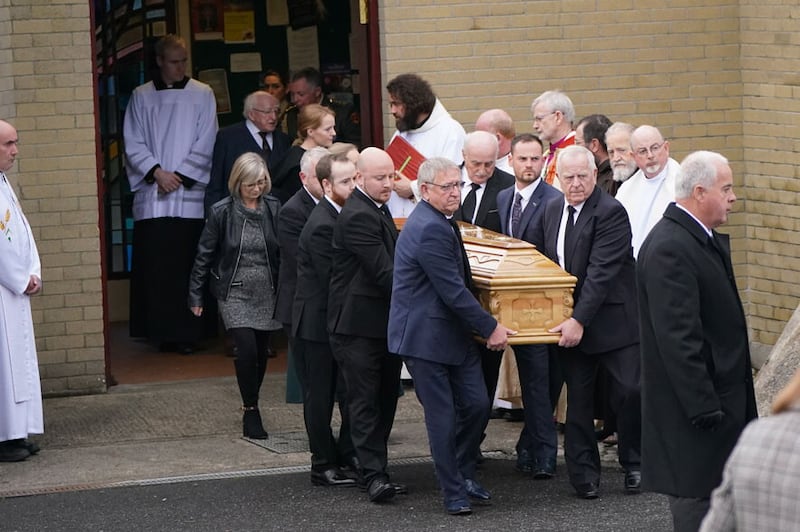 The coffin of James O'Flaherty leaves St Mary's Church, Derrybeg after his funeral Mass. Picture by Niall Carson, PA