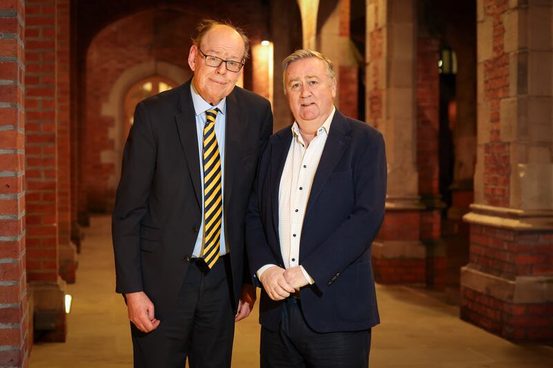 Stephen Grimason (right) with former UTV political editor Ken Reid at Queen’s University in Belfast in January this year