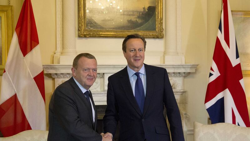 David Cameron greets Danish Prime Minister Lars Lokke Rasmussen &nbsp;