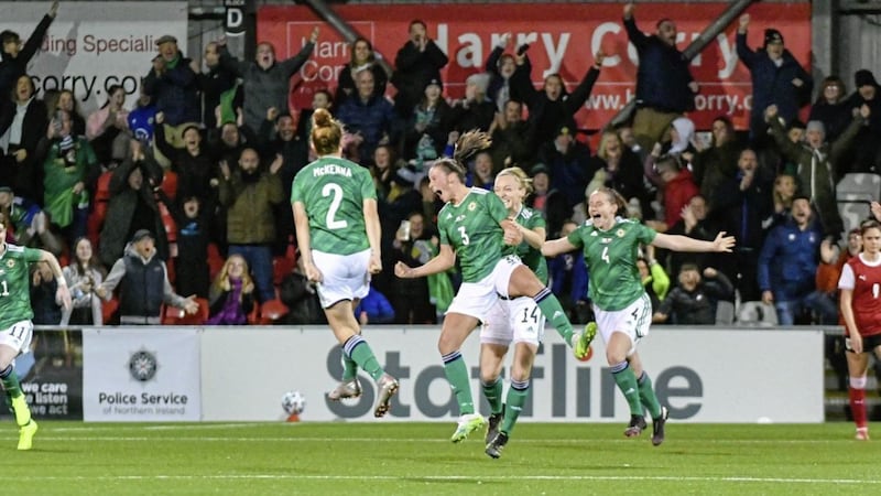Demi Vance (3) celebrates her stunning free kick which gave Northern Ireland a 2-1 lead against Austria at Seaview last month. 